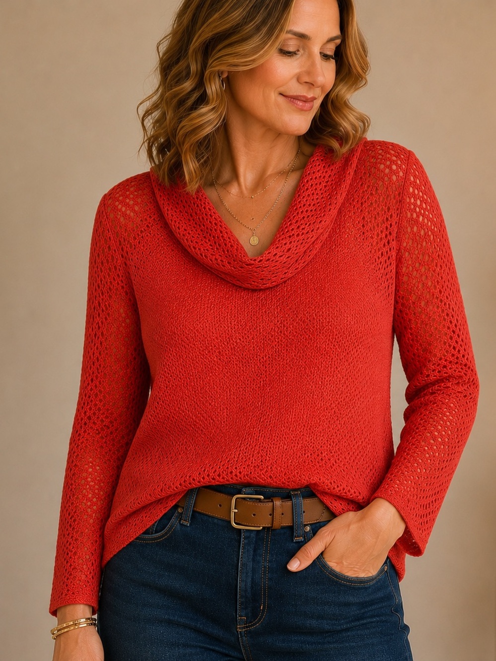 Open Weave Cowl Neck Top Medium Coral Lined Lightweight Blouse